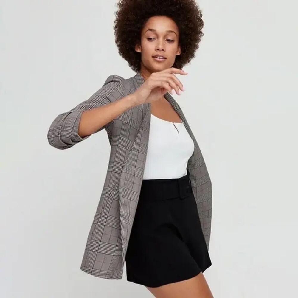 Babaton aritzia brown plaid unlined POWER HIP BLAZER size 2 ruched sleeve casual